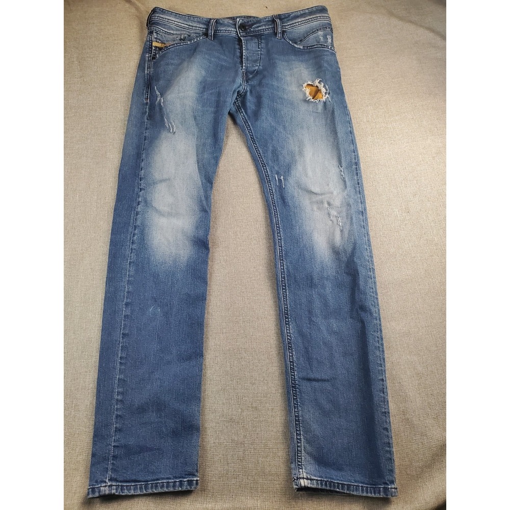 Diesel Belther Mens Jeans 33 Blue Denim Stretch Regular Slim Tapered Distressed